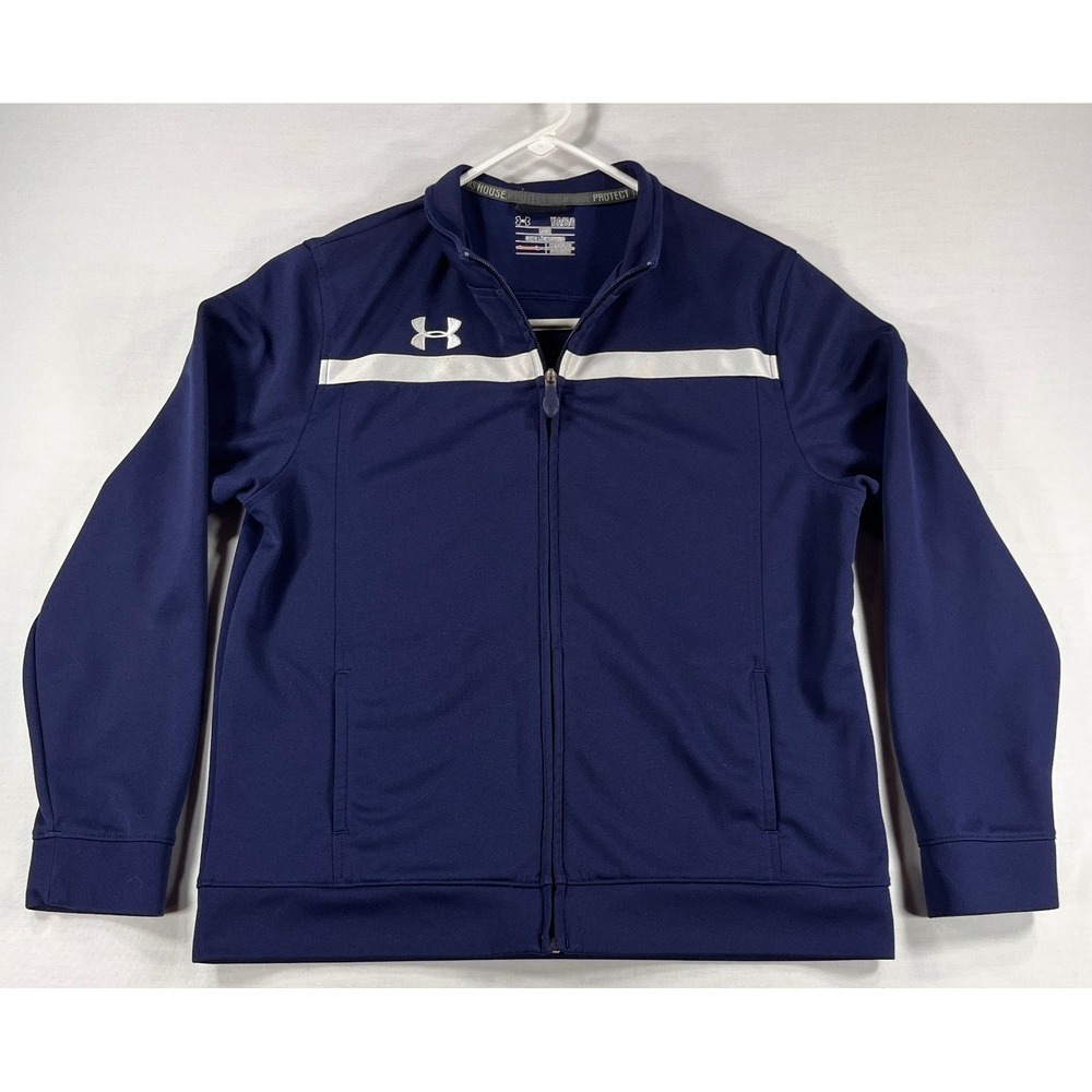 Under Armour Boys Navy Blue White Stripe Full Zip Track Jacket Youth Large